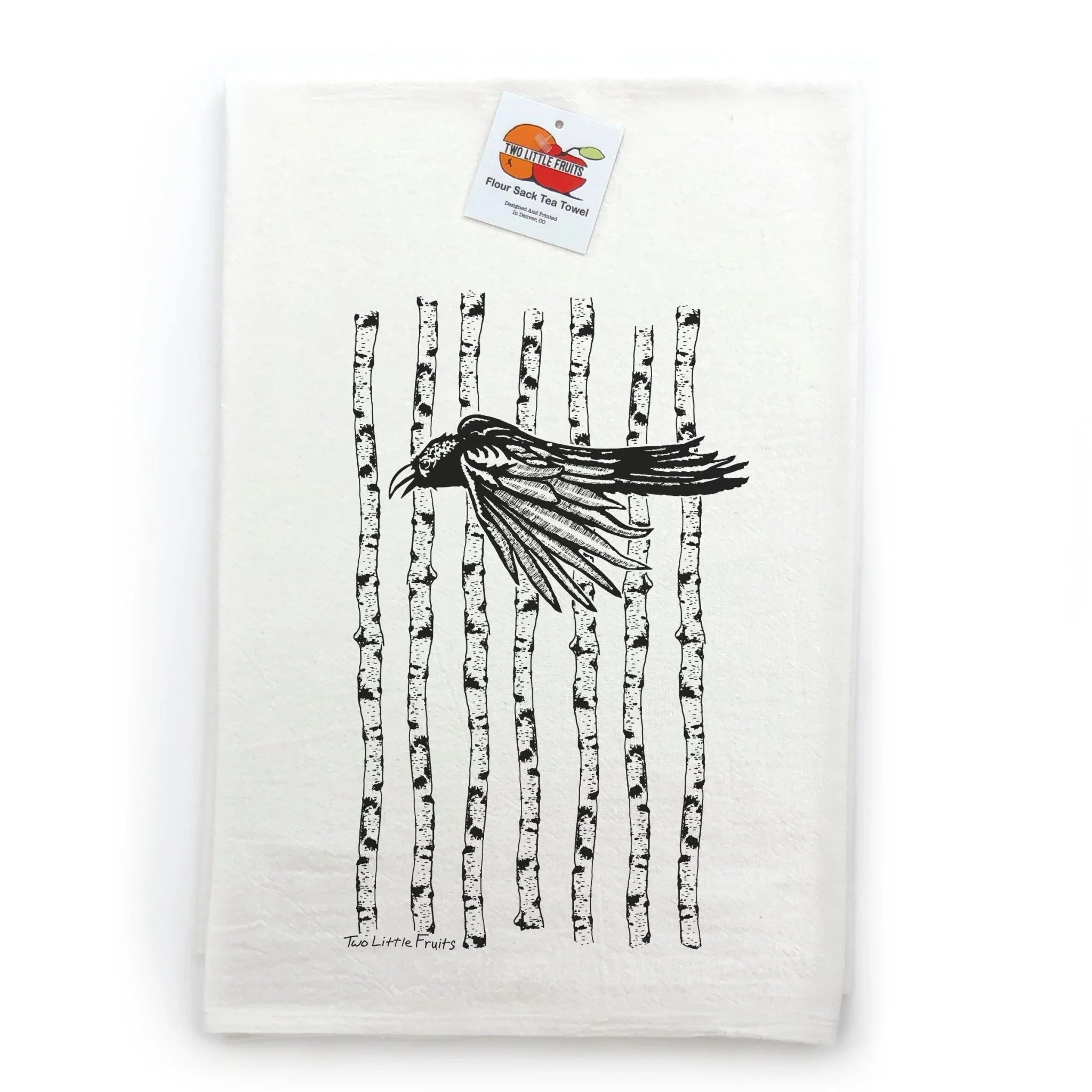 Black Raven Tea Towel - Hand - Illustrated Cotton Dish Towel with Aspen Tree Design - Tea Towels - Two Little Fruits - Two Little Fruits