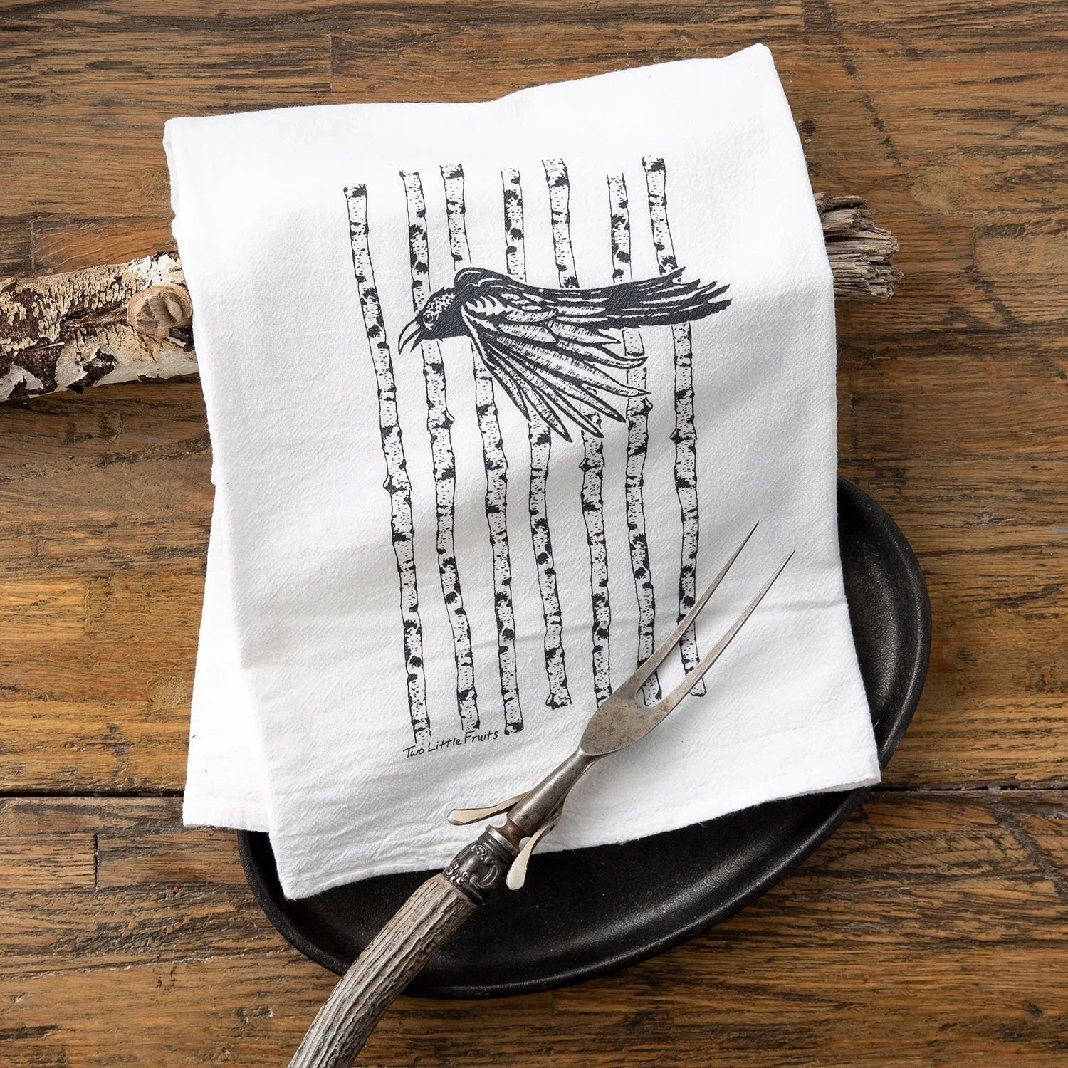 Black Raven Tea Towel - Hand - Illustrated Cotton Dish Towel with Aspen Tree Design - Tea Towels - Two Little Fruits - Two Little Fruits