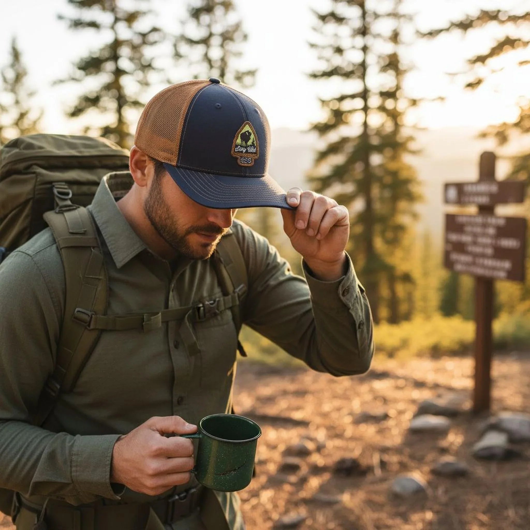 A man in a green jacket and a baseball cap is holding a green mug and adjusting his cap while standing on a dirt path surrounded by trees.