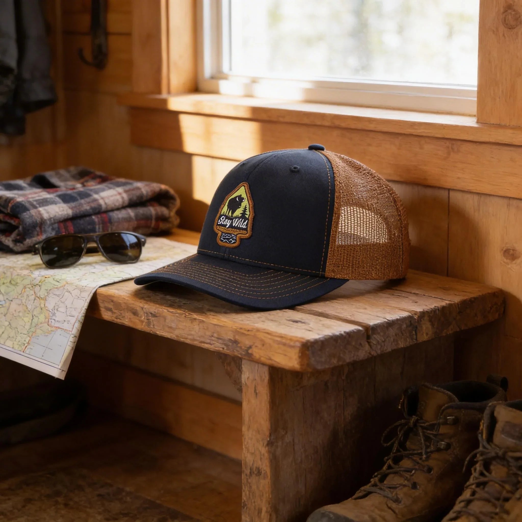 a wooden bench with a black baseball cap with a mesh front, a pair of sunglasses, a map, and a pair of boots.
