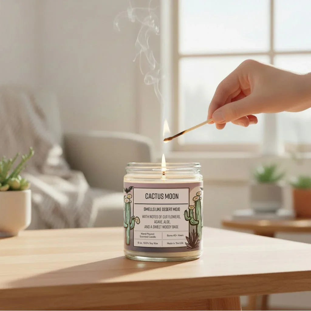 A hand is lighting a cactus-themed candle on a wooden table, with a potted plant visible in the background.