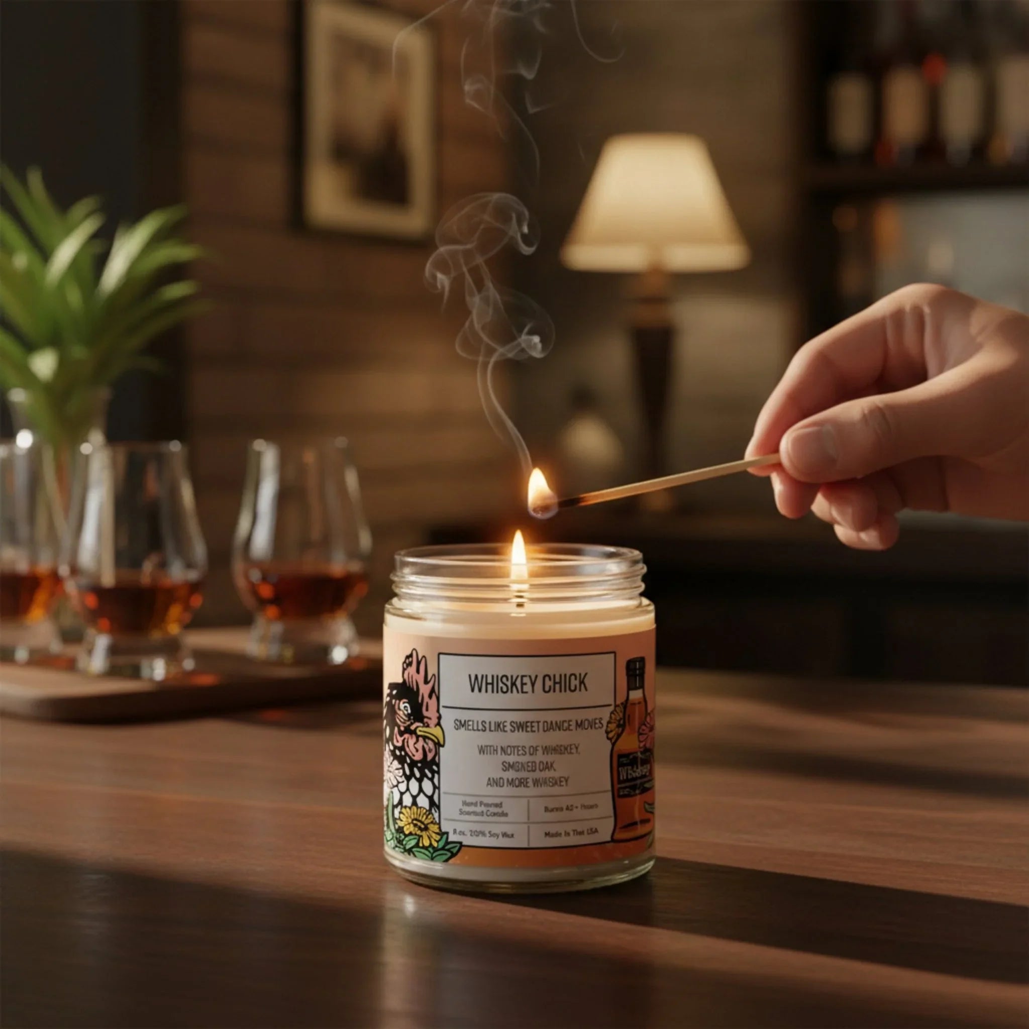 A hand is lighting a candle labeled "Whiskey Chick" on a wooden surface, with several glasses of whiskey in the background.