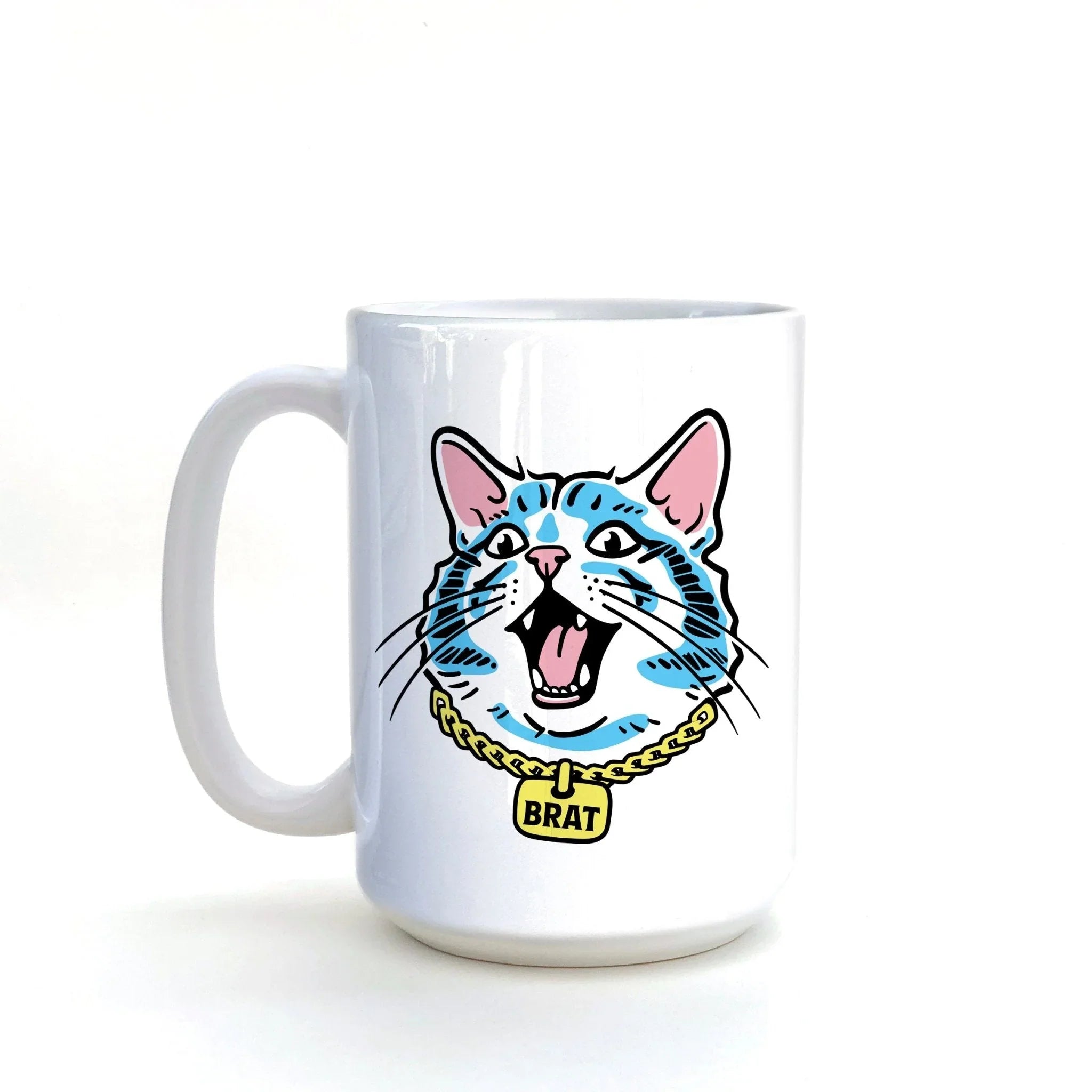 funny cat brat illustrated ceramic mug 15 oz by Two Little Fruits