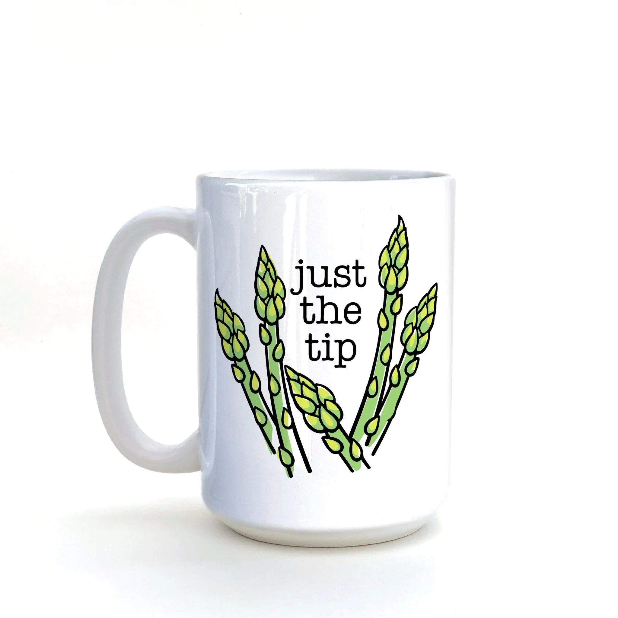 funny asparagus tip illustrated ceramic mug 15 oz by Two Little Fruits