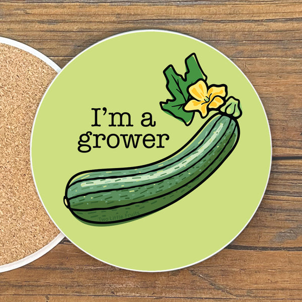 Cute Garden Zucchini Table Drink Coaster – Colorful 4” Ceramic Coaster featuring a whimsical zucchini design with the text 'I’m a grower'. Perfect for adding a playful touch to your decor, these cute garden coasters are ideal for protecting surfaces.