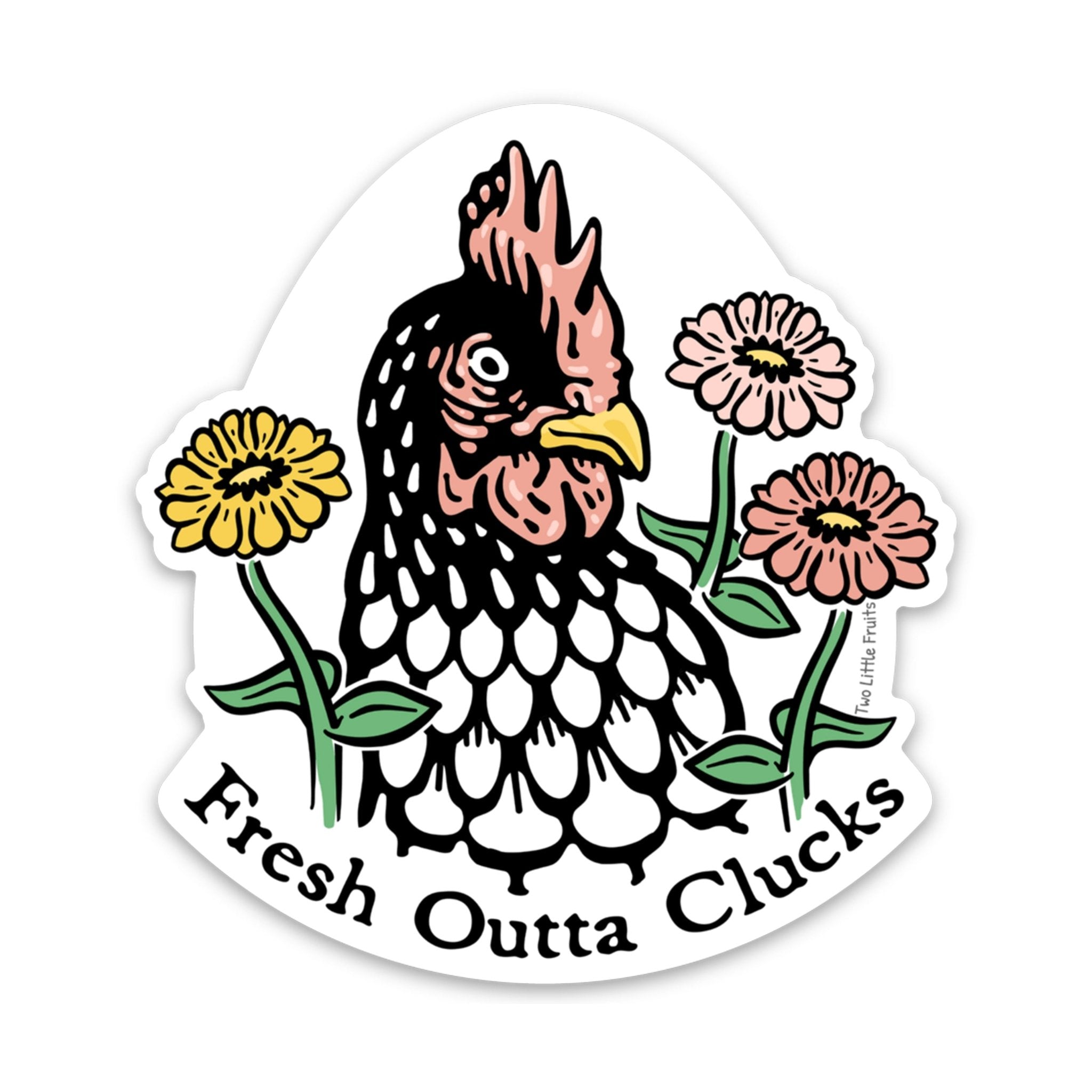 Vibrant chicken laptop sticker 'Fresh Outta Clucks', showcasing a beautifully illustrated chicken and flowers, ideal for laptop decoration.
