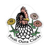 Vibrant chicken laptop sticker 'Fresh Outta Clucks', showcasing a beautifully illustrated chicken and flowers, ideal for laptop decoration.