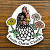 Colorful chicken laptop sticker titled 'Fresh Outta Clucks', featuring a chicken surrounded by flowers, perfect for adding a fun touch to your laptop.