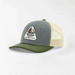 A gray and green baseball cap with a patch on the front that says "Fresh Outta Chickens".