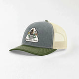 A gray and green baseball cap with a patch on the front that says "Fresh Outta Chickens".