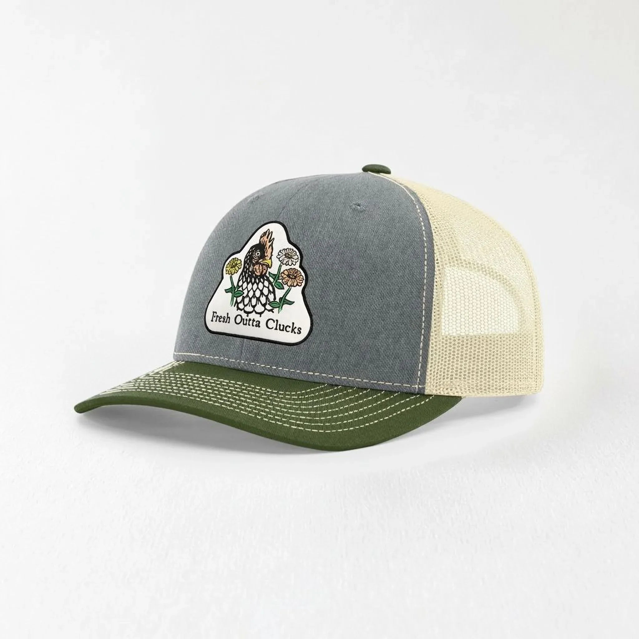 A gray and green baseball cap with a patch on the front that says "Fresh Outta Chickens".