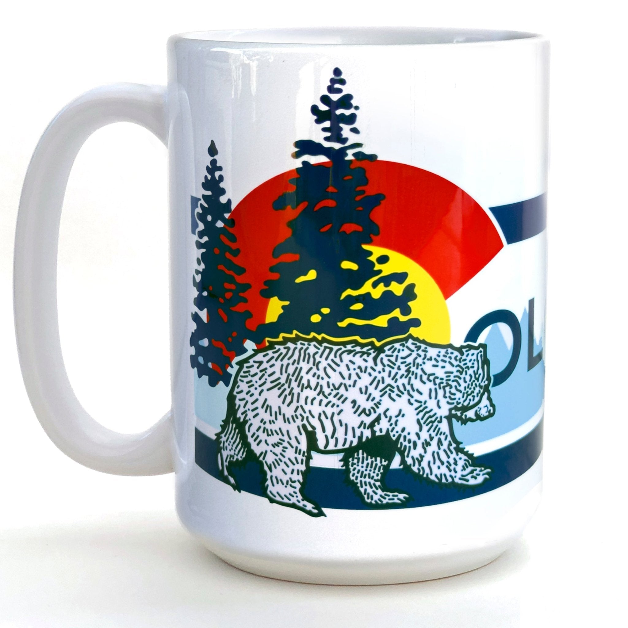 Colorful Colorado Bear Ceramic Coffee Mug - Featuring a bear design and vibrant color scheme, this 15 oz heavy-duty mug captures the spirit of the Rockies.