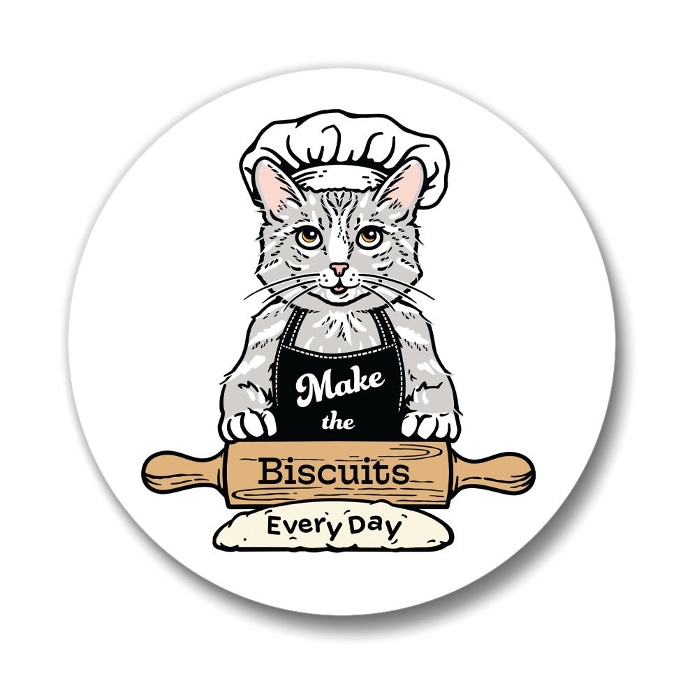 Custom 'Making Biscuits' Cat Chef Drink Coaster featuring an illustrated cat in a chef's hat, promoting a playful and colorful decor for your kitchen or dining area.