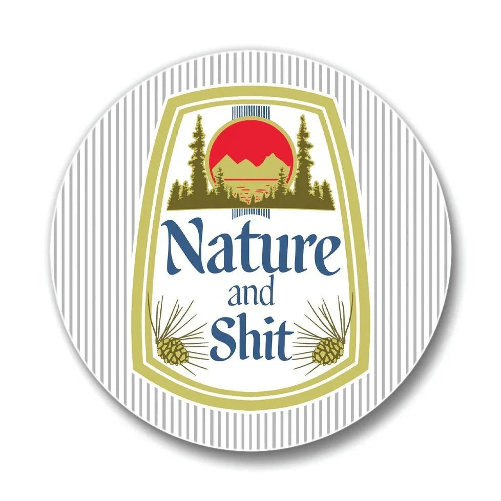 Nature Drink Coasters - Colorful 4" Ceramic Coaster displaying the whimsical 'Nature and Shit' graphic with a mountain scene.