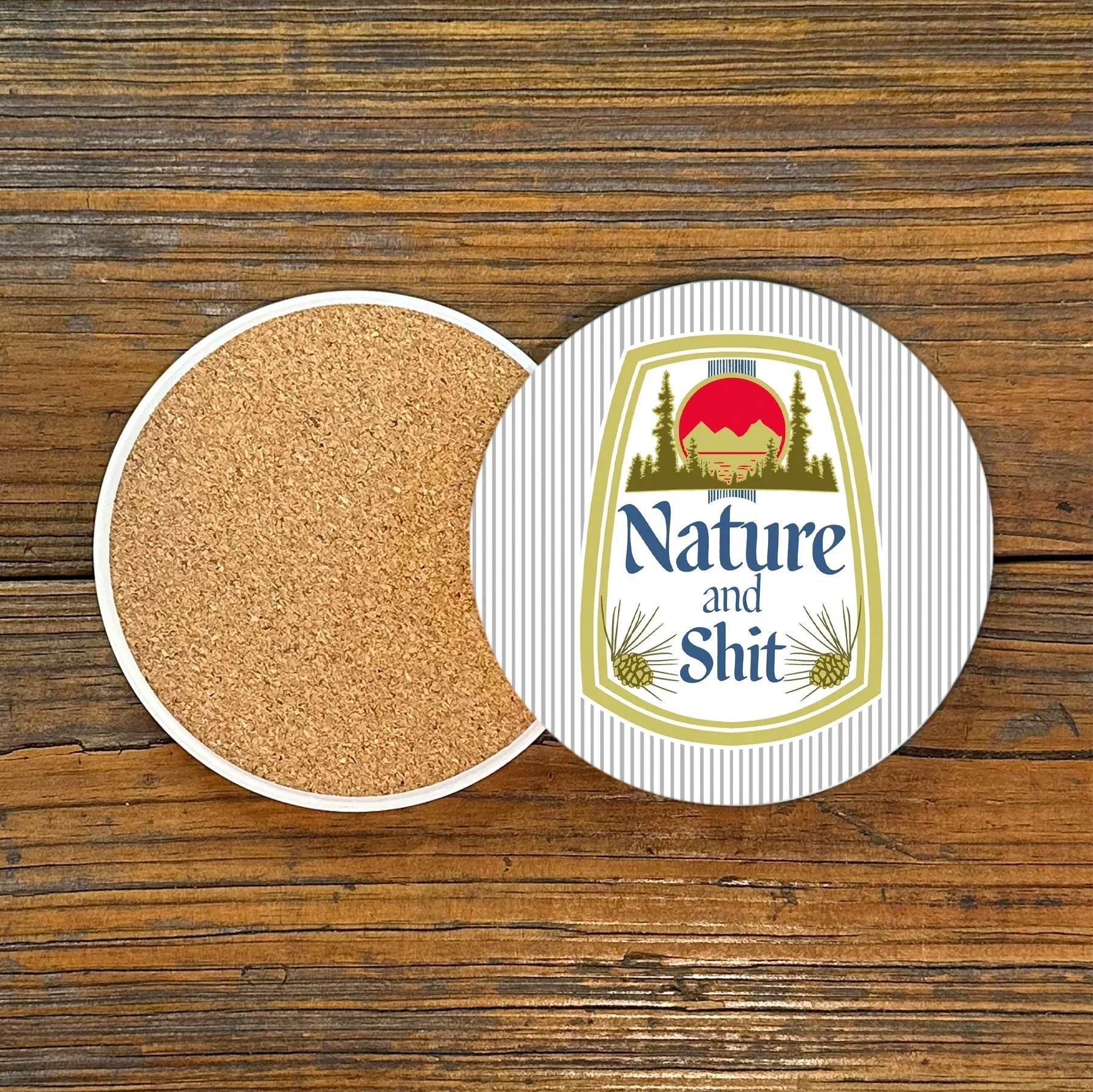 Nature Drink Coasters - Colorful 4" Ceramic Coaster showcasing the 'Nature and Shit' artwork on the front with a cork base.