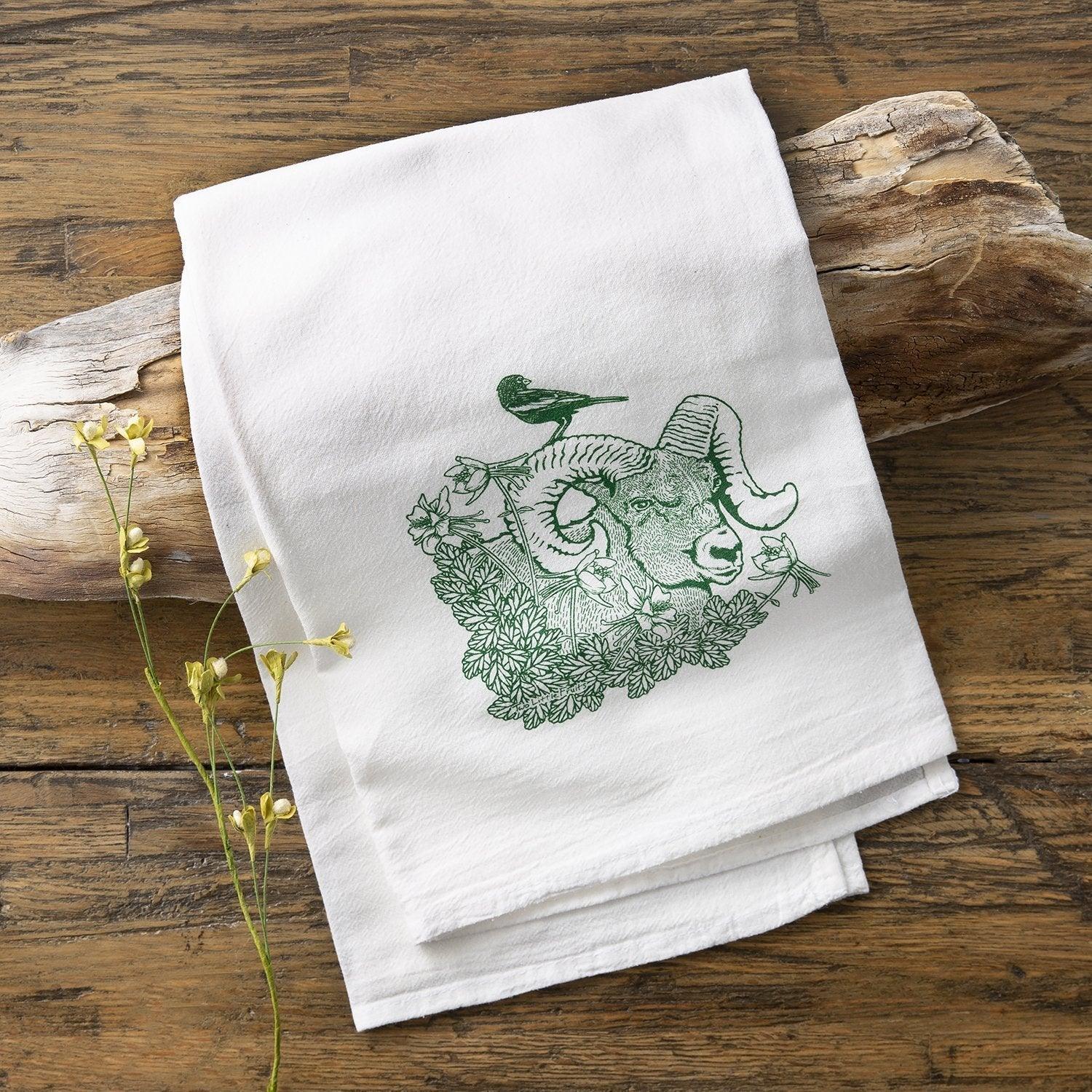Cotton Tea Towel Set - Bighorn Ram & Grizzly Bear Designs, Eco - Friendly, 100Cotton, Made in USA - Tea Towels - Two Little Fruits - Two Little Fruits