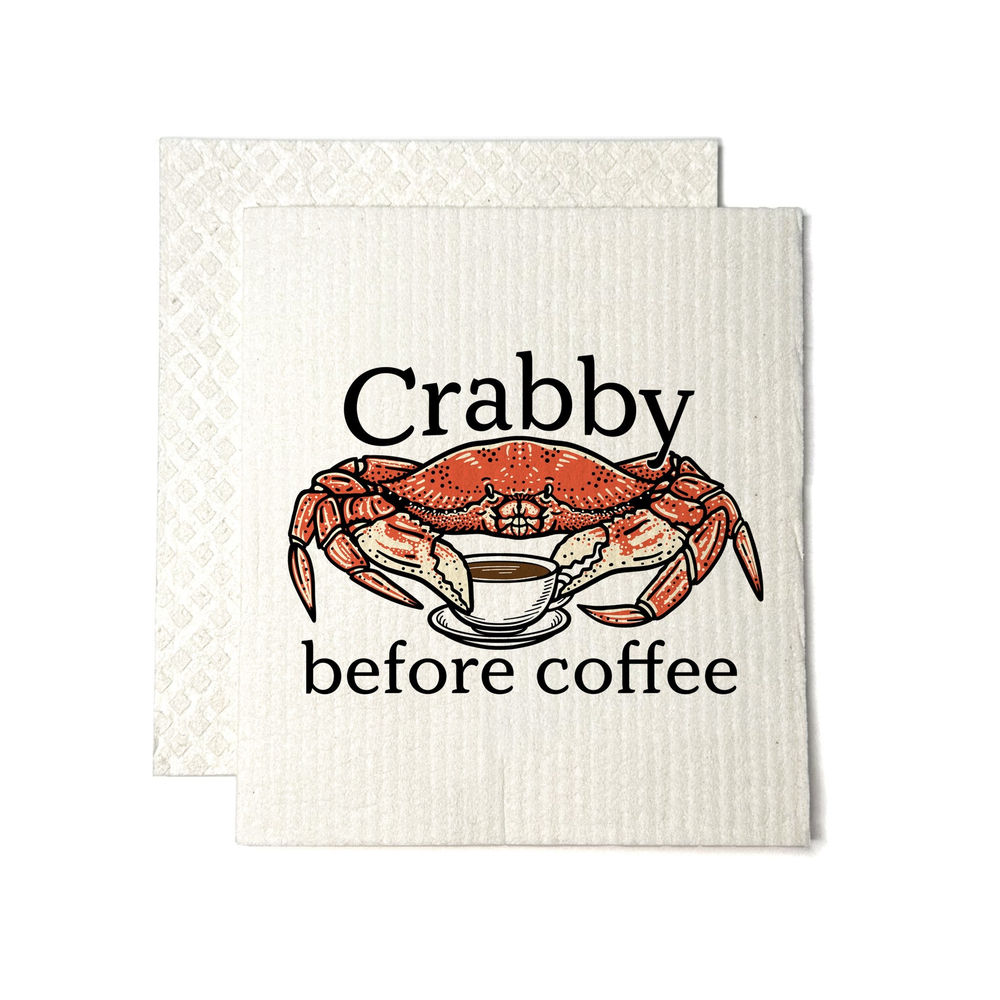 Crabby Before Coffee crab illustrated Swedish dishcloth by Two Little Fruits