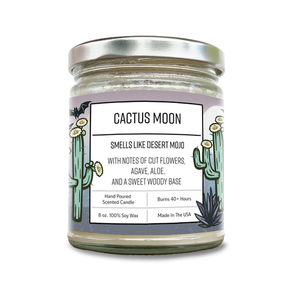 Cactus Moon Agave Scented Candle in a glass jar, featuring a colorful design with cacti and a label that highlights its fresh cut flowers and agave notes. Perfect for adding a cozy vibe to any space.