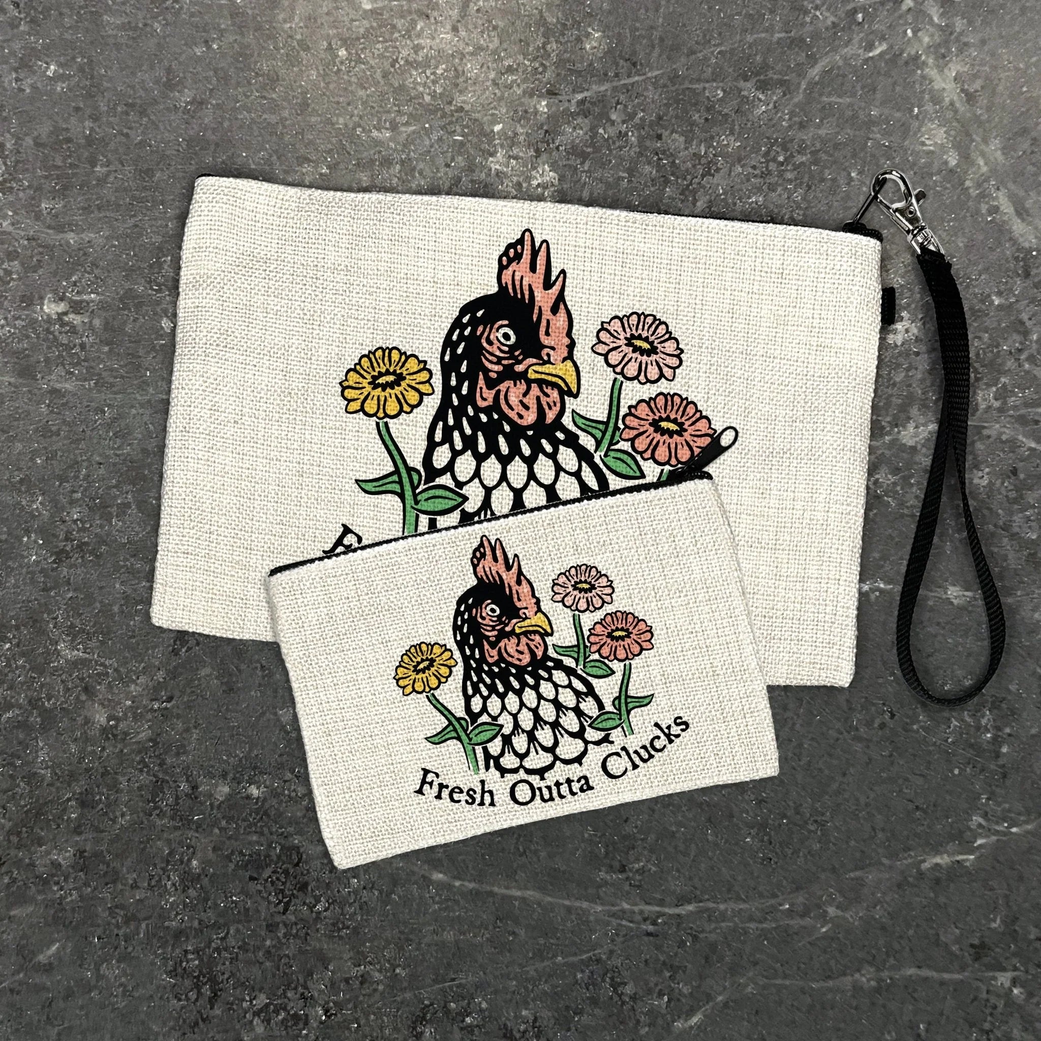 Cosmetic Bag - Fresh Outta Clucks Chicken illustrated zipper pouch by Two Little Fruits