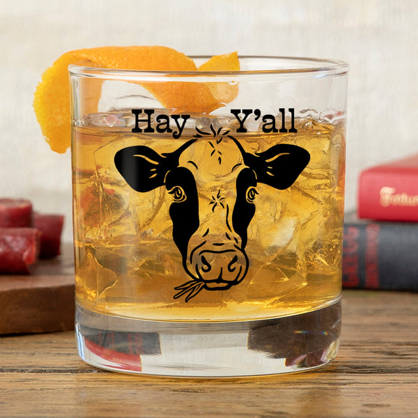 Cute Cow Design Whiskey Glass - 10 Fl Oz Capacity, Black Glass with Original Artwork - Rocks Glass - Two Little Fruits - Two Little Fruits