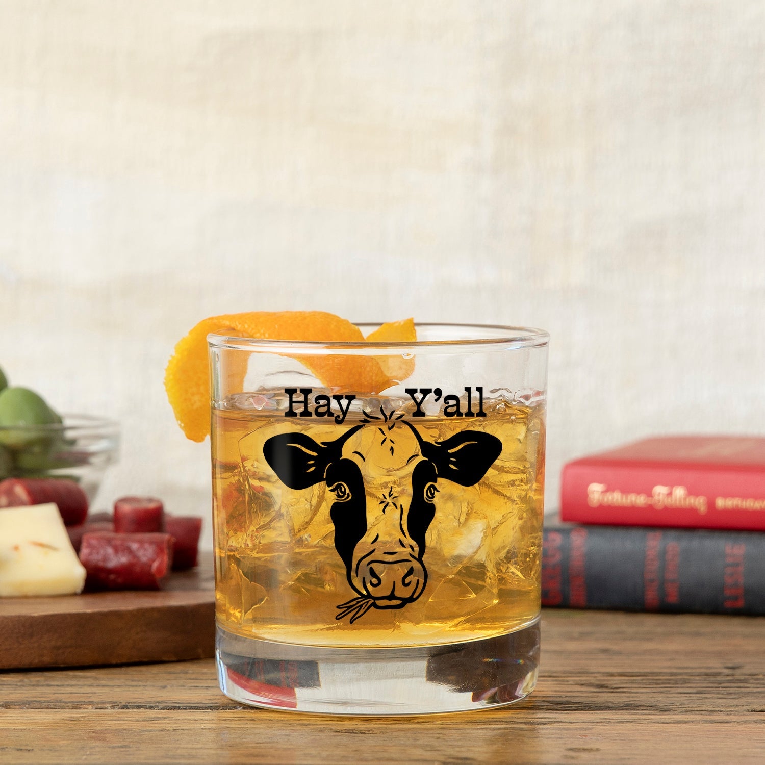 Cute Cow Design Whiskey Glass - 10 Fl Oz Capacity, Black Glass with Original Artwork - Rocks Glass - Two Little Fruits - Two Little Fruits