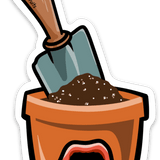 Cute Decorative Plant Stickers - Terra Cotta Pot with a Shovel, showcasing a fun gardening theme perfect for indoor and outdoor use.