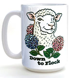 Cute Lamb Coffee Mug - 15 Oz Heavy-Duty Ceramic featuring a cheerful lamb design surrounded by colorful flowers with the text 'Down to Flock' for a whimsical touch to your morning coffee.