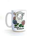 Cute Lamb Coffee Mug - 15 Oz Heavy-Duty Ceramic showcasing a playful lamb illustration with vibrant flowers and the phrase 'Down to Flock,' perfect for adding fun to your coffee routine.