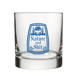 A clear glass with a blue and white logo printed on it.