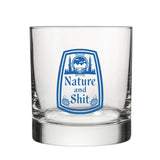 A clear glass with a blue and white logo printed on it.