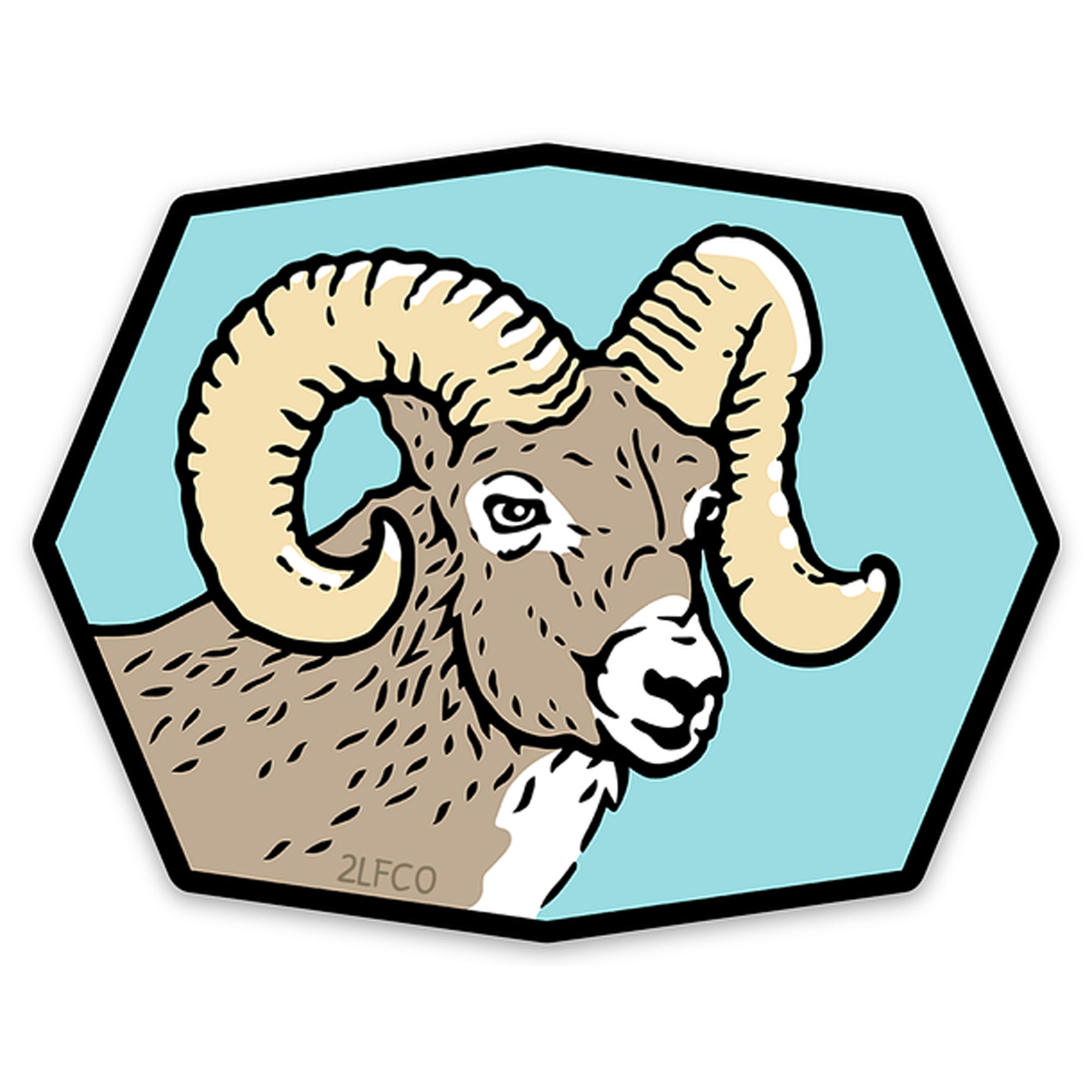 A cartoon illustration of a ram with large curved horns, depicted in a stylized manner.