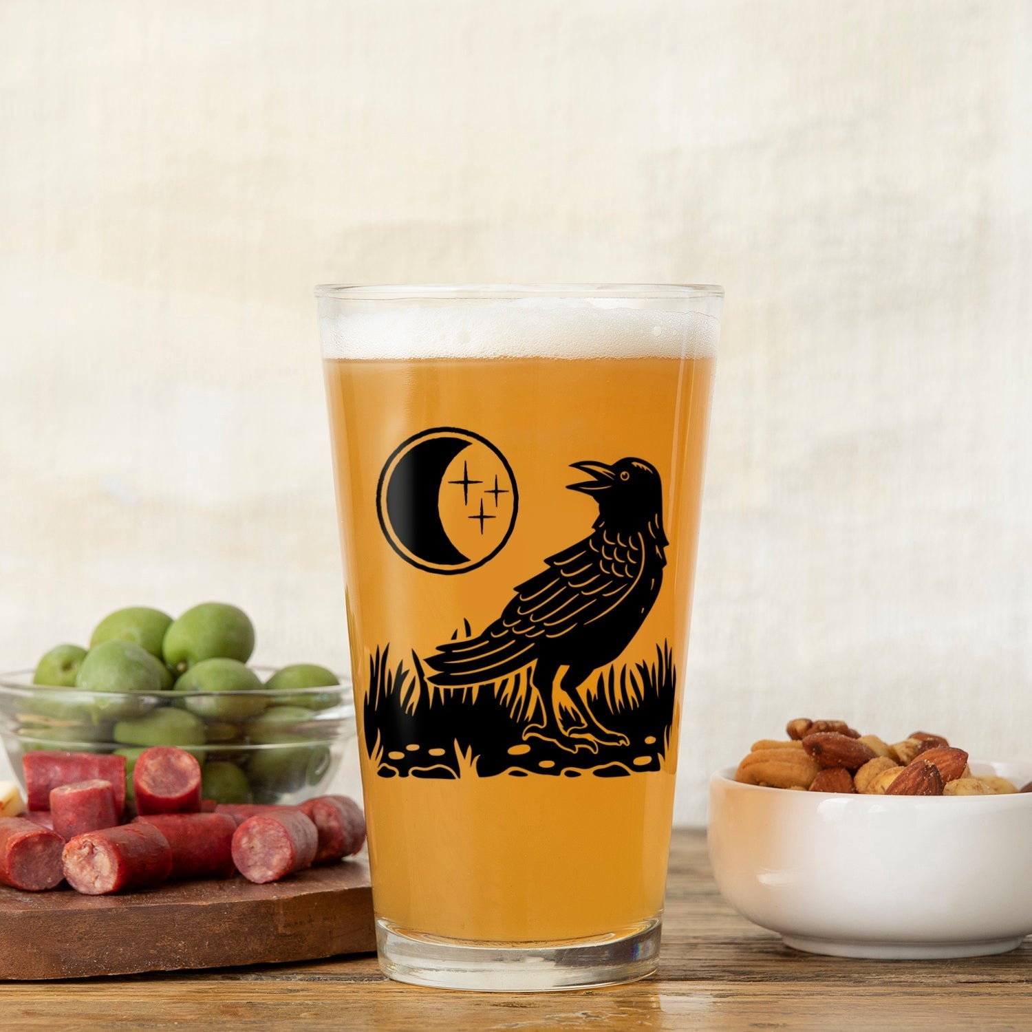 Decorative Pint Glasses - Crow and Moon Design, 16 Fl Oz - Pint Glass - Two Little Fruits - Two Little Fruits