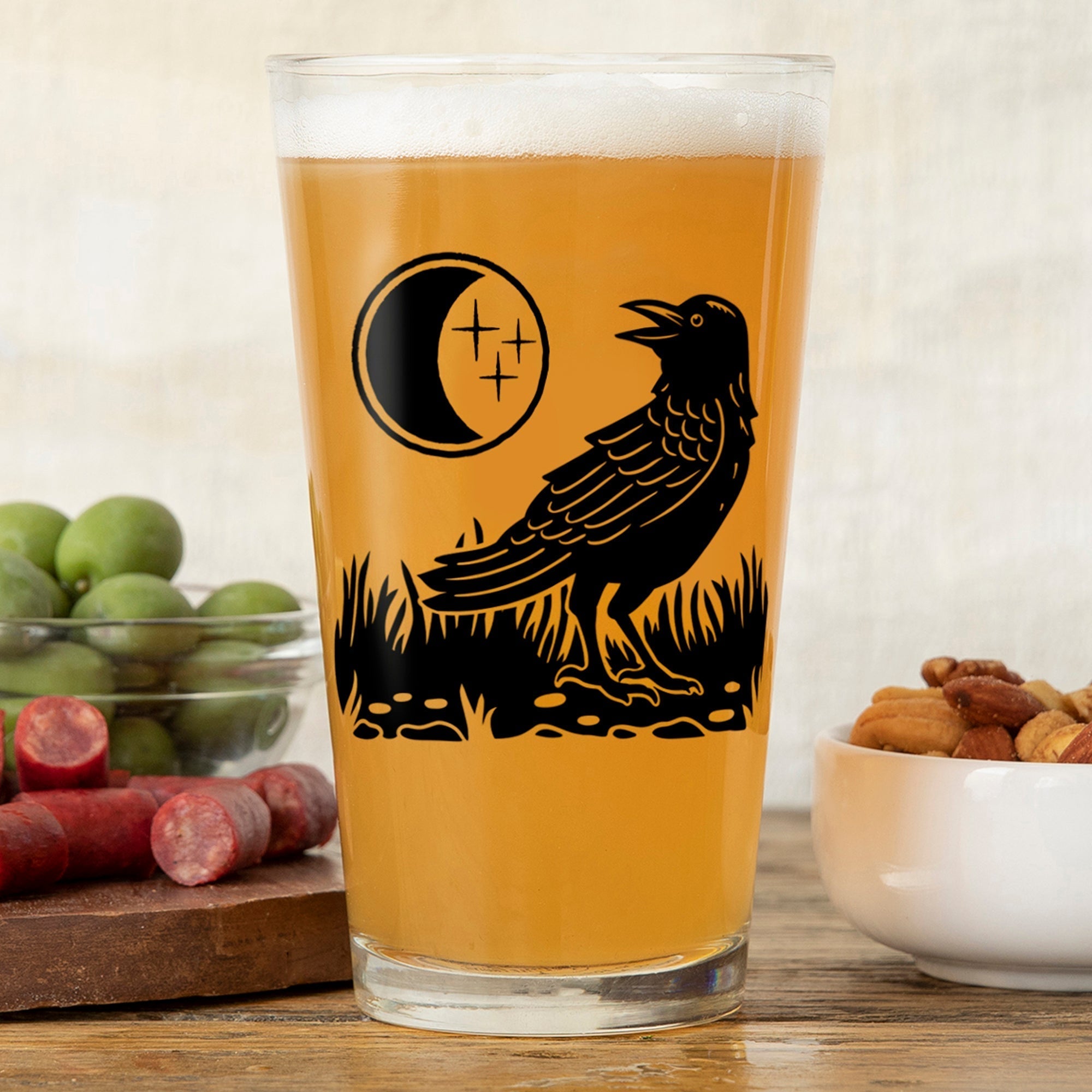 Decorative Pint Glasses - Crow and Moon Design, 16 Fl Oz - Pint Glass - Two Little Fruits - Two Little Fruits