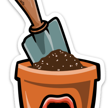 Cute Decorative Plant Stickers - Terra Cotta Pot with a Shovel, showcasing a fun gardening theme perfect for indoor and outdoor use.
