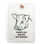 Bacon Lover Gifts - Cotton Kitchen Towel showcasing a pig head illustration with 'Don’t Go Bacon My Heart'. An ideal choice for bacon lovers gifts, combining fun and functionality in the kitchen.