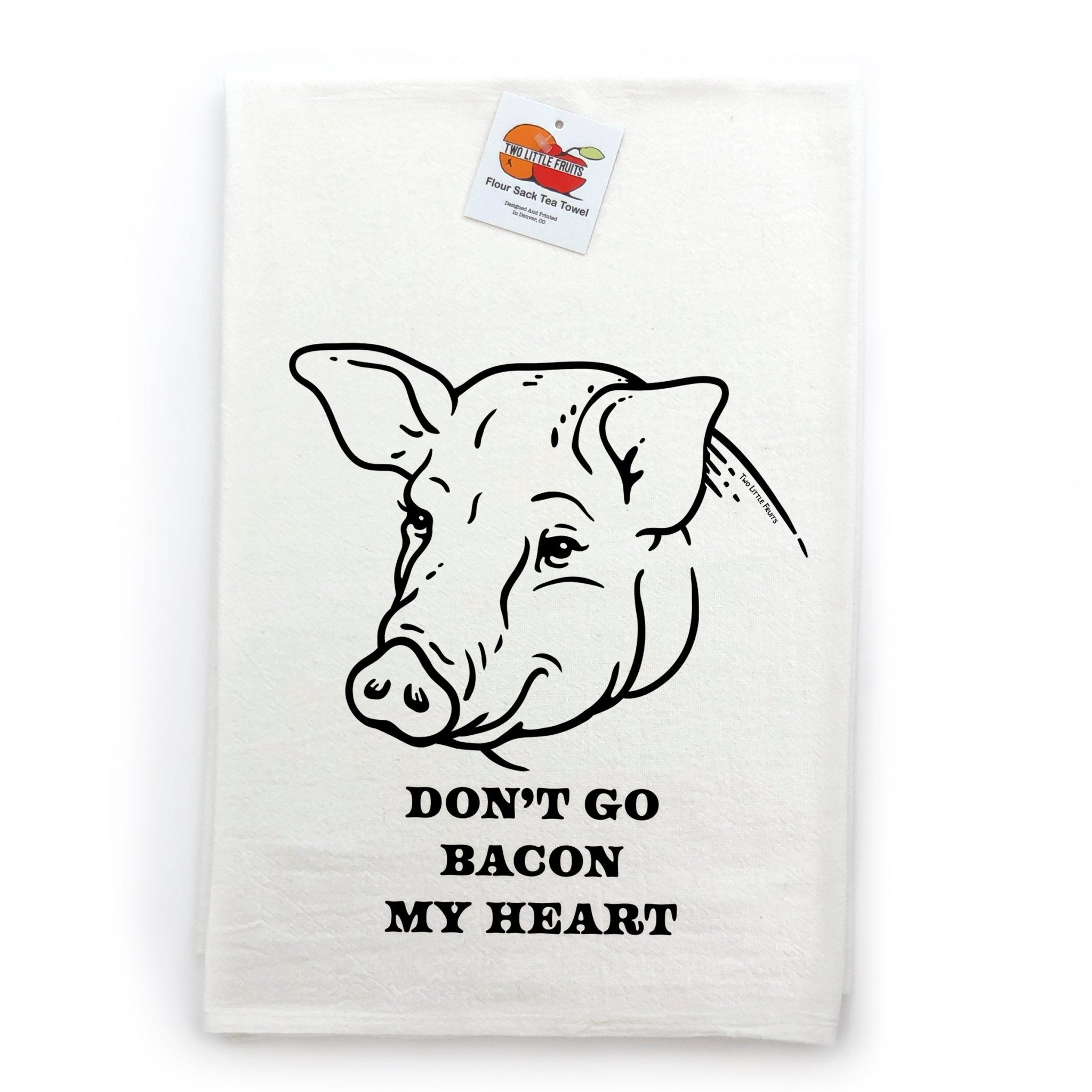 Bacon Lover Gifts - Cotton Kitchen Towel showcasing a pig head illustration with 'Don’t Go Bacon My Heart'. An ideal choice for bacon lovers gifts, combining fun and functionality in the kitchen.