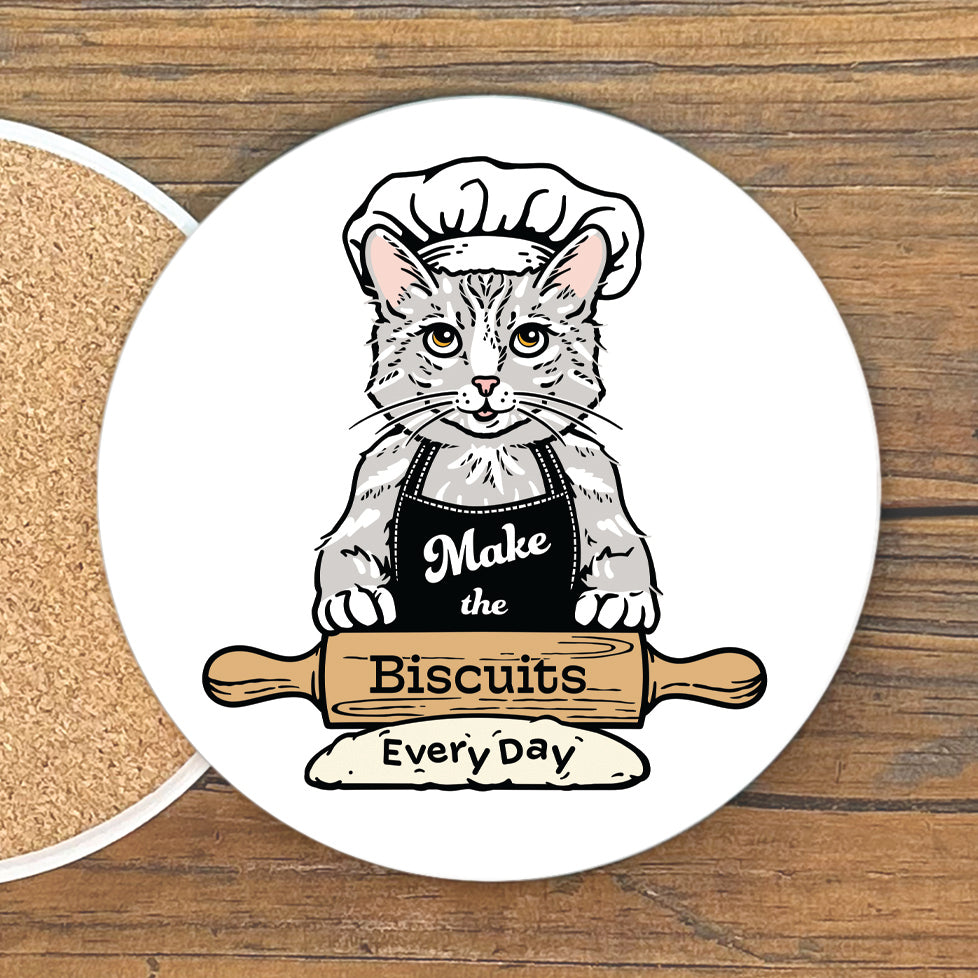 A cat wearing a chef's hat and apron, holding a rolling pin and the text "Make the Biscuits Everyday"