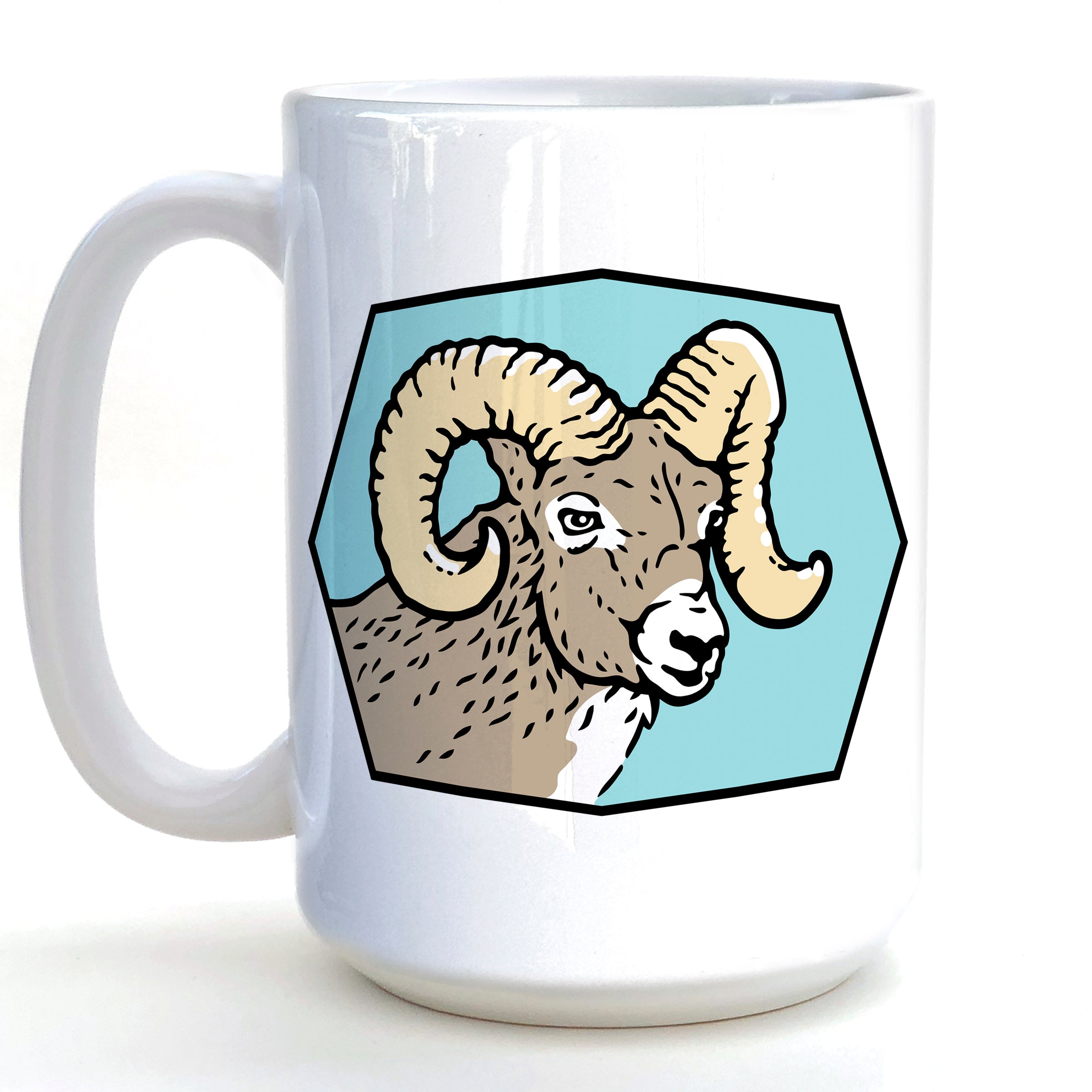 A white ceramic mug with a graphic of a ram's head on it.