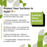 Stylish graphic highlighting the features of gay pride coasters, emphasizing their playful designs, durability, and uniqueness for coffee lovers.