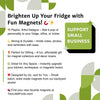 Bright and colorful promotional image featuring the Sleepin' Around Fridge Magnet by Two Little Fruits, showcasing its playful designs and highlighting benefits such as being perfect for gifting and great for any space.