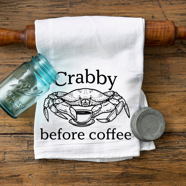 Crab Themed Dish Towel - Eco-Friendly Cotton Tea Towel featuring whimsical 'Crabby Before Coffee' print, perfect for adding fun to your kitchen decor.