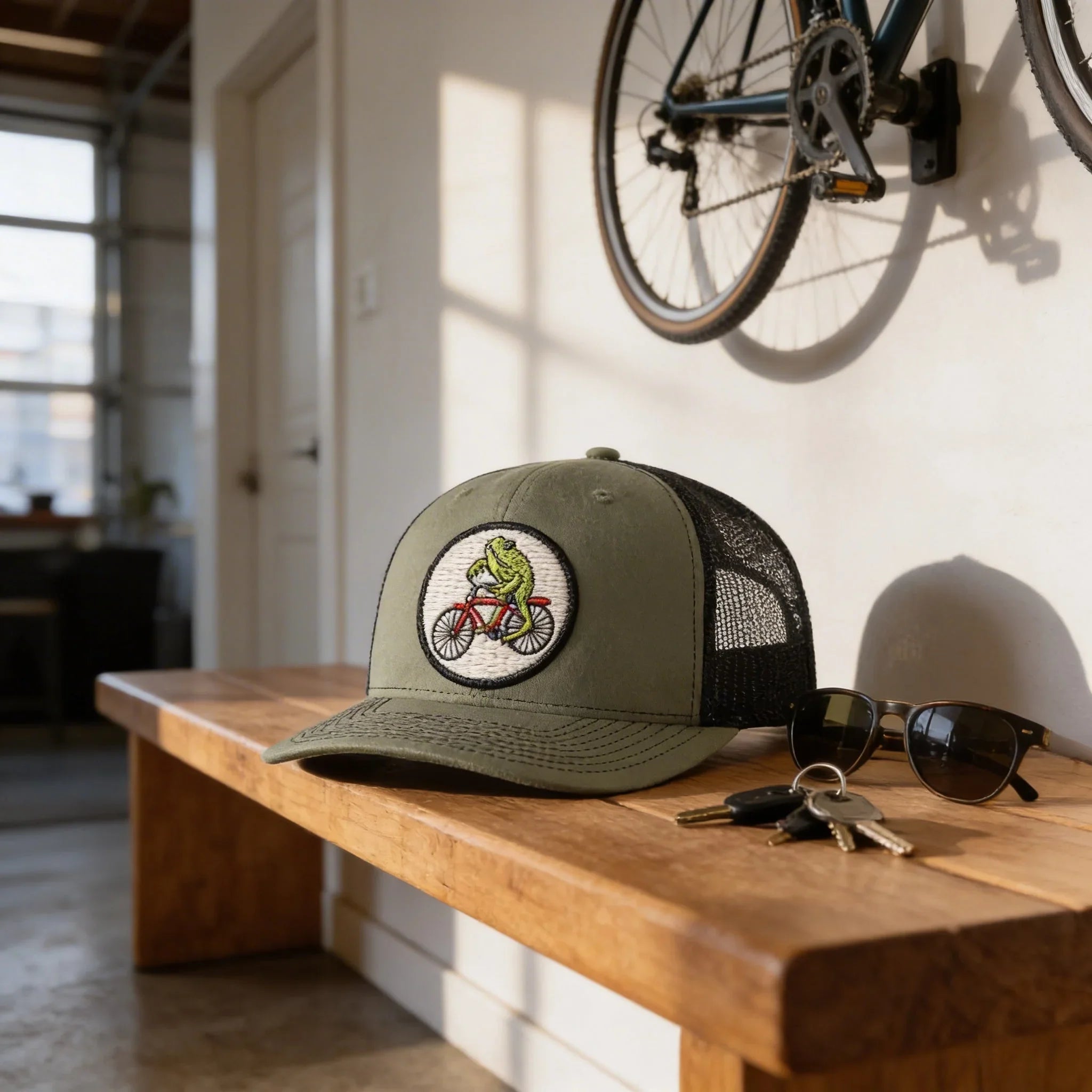 a wooden bench with a green baseball cap with a frog design, sunglasses, and a set of keys placed on it.