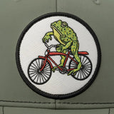 A green frog is riding a red bicycle on a white background.