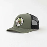 A green baseball cap with a black mesh panel and a circular patch on the front, depicting a person riding a bicycle.