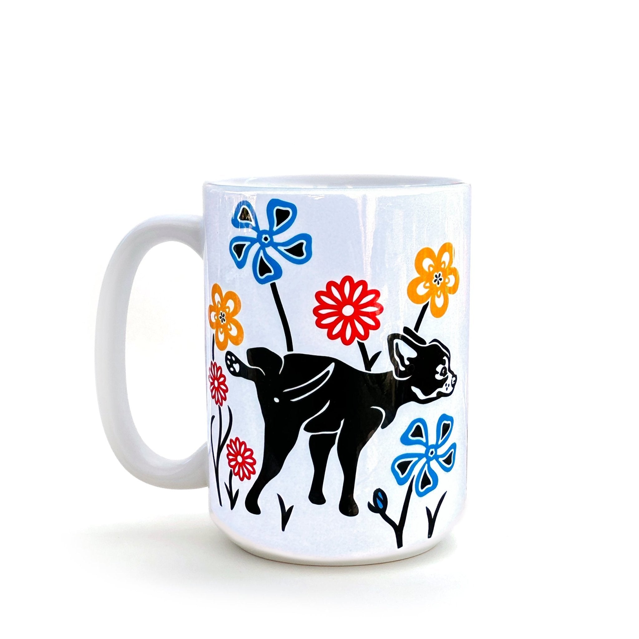 Funny Dog Mugs - 15 Oz Ceramic Mug with Colorful Dog Peeing on Flowers - Mug - Two Little Fruits - Two Little Fruits
