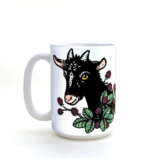 Adorable goat coffee mug featuring a playful goat design surrounded by berries, perfect for coffee lovers. This charming goat coffee mug is ideal for enjoying your favorite beverage.