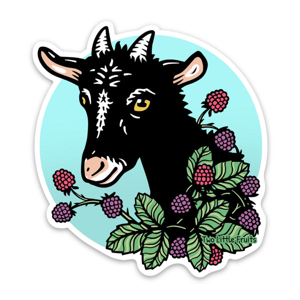 Playful Goat Laptop Sticker showcasing a charming black goat alongside colorful blackberries and lush foliage. A delightful option for goat laptop stickers by Two Little Fruits to personalize your workspace!