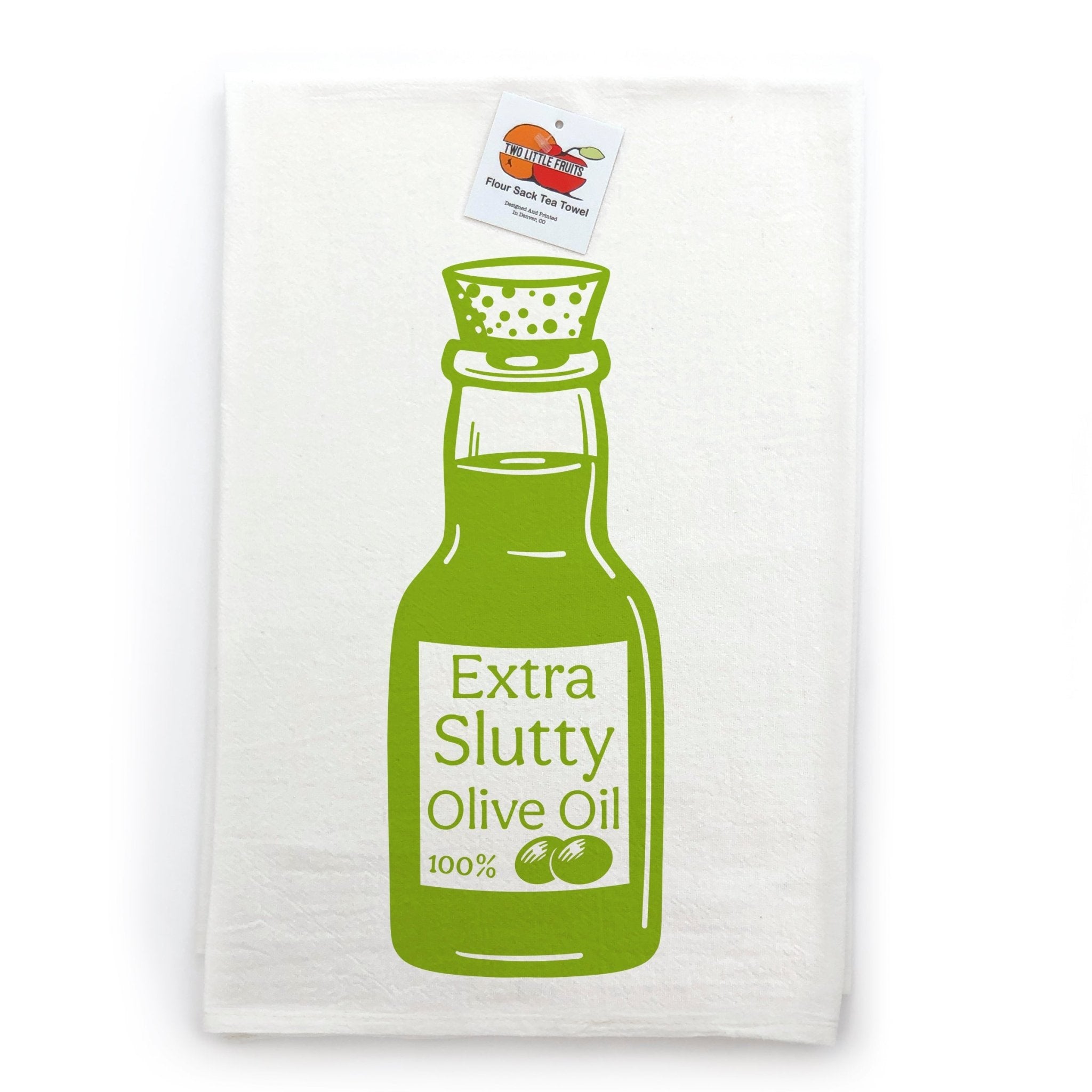 Green Extra Slutty Olive Oil Cotton Tea Towel – Eco - Friendly, Screen Printed Kitchen Towel - Tea Towels - Two Little Fruits - Two Little Fruits