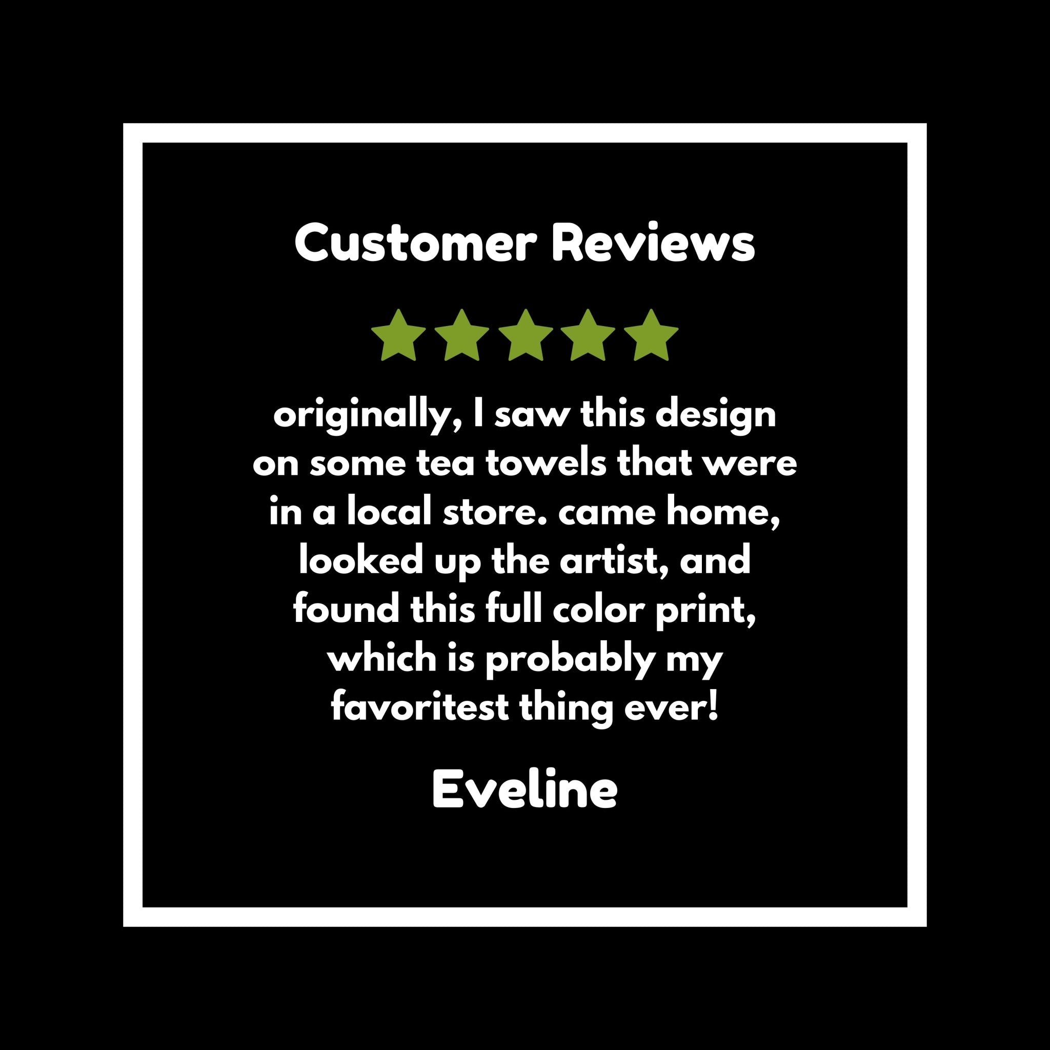 Customer review featuring five stars and a positive message about the Hey Y'all Cow Coffee Mug design, emphasizing its vibrant full-color print.