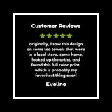 Customer review featuring five stars and a positive message about the Hey Y'all Cow Coffee Mug design, emphasizing its vibrant full-color print.